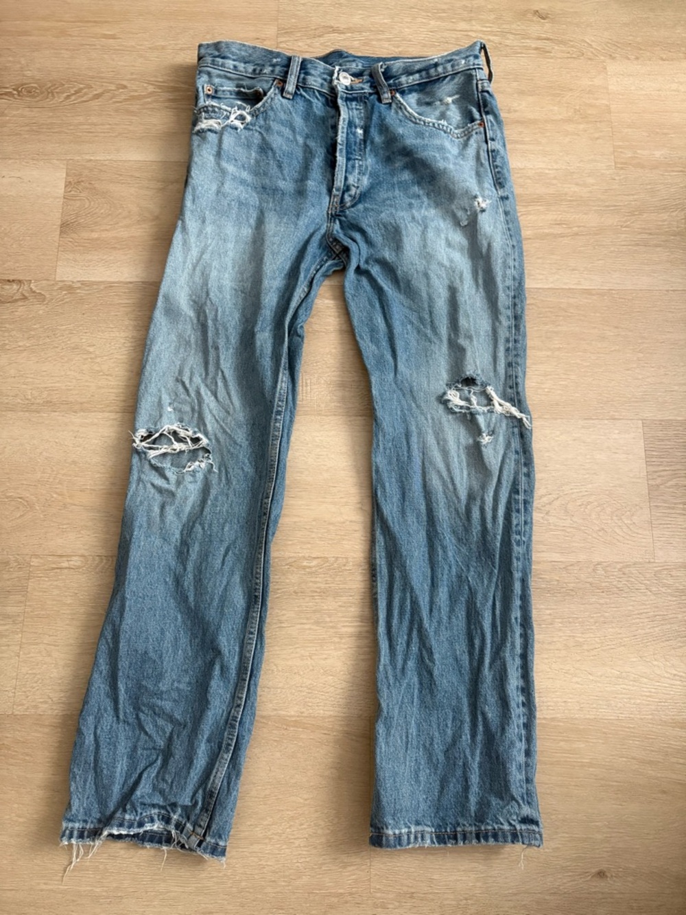 Zara Light Blue Distressed Straight Jeans